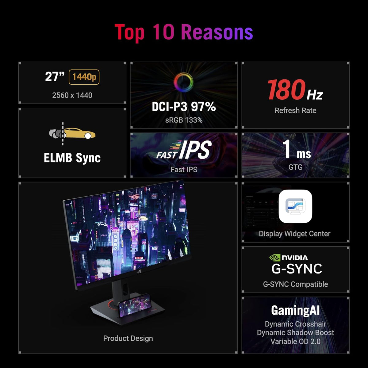 ASUS ROG XG27ACS 27 Inch 1440p 180Hz USB-C G-SYNC HDR Gaming Monitor