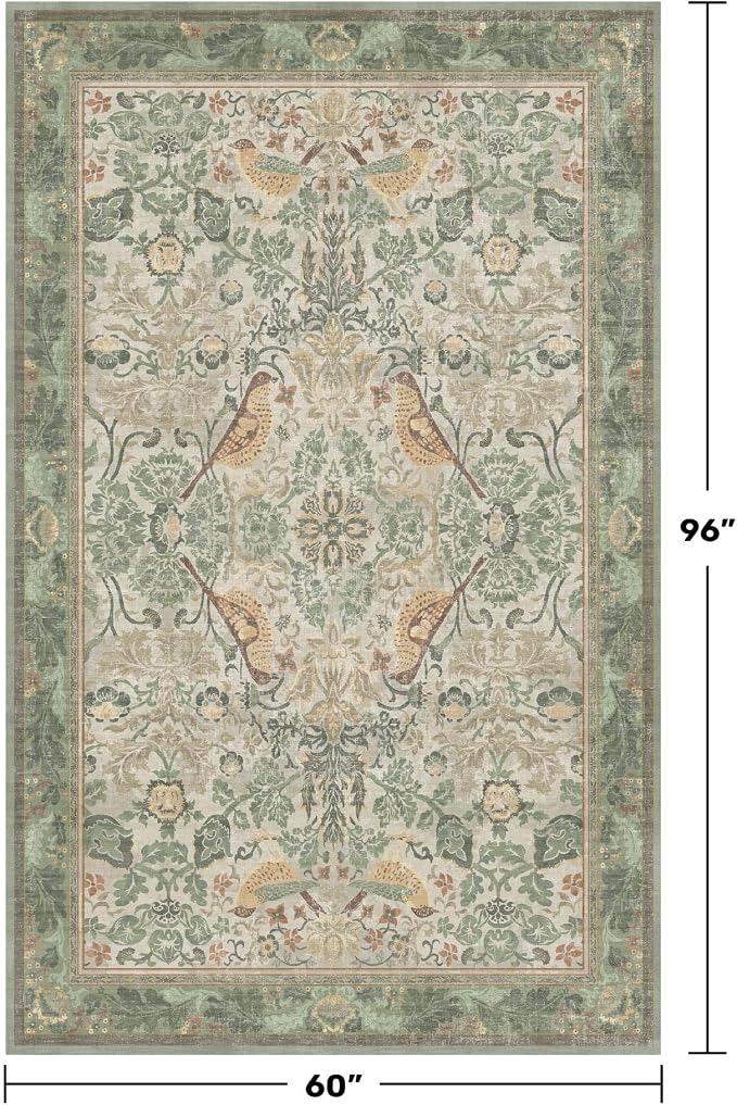Hazo Haus 5x8 Vintage Sage Green Area Rug, Washable Botanical Bird Pattern Rug