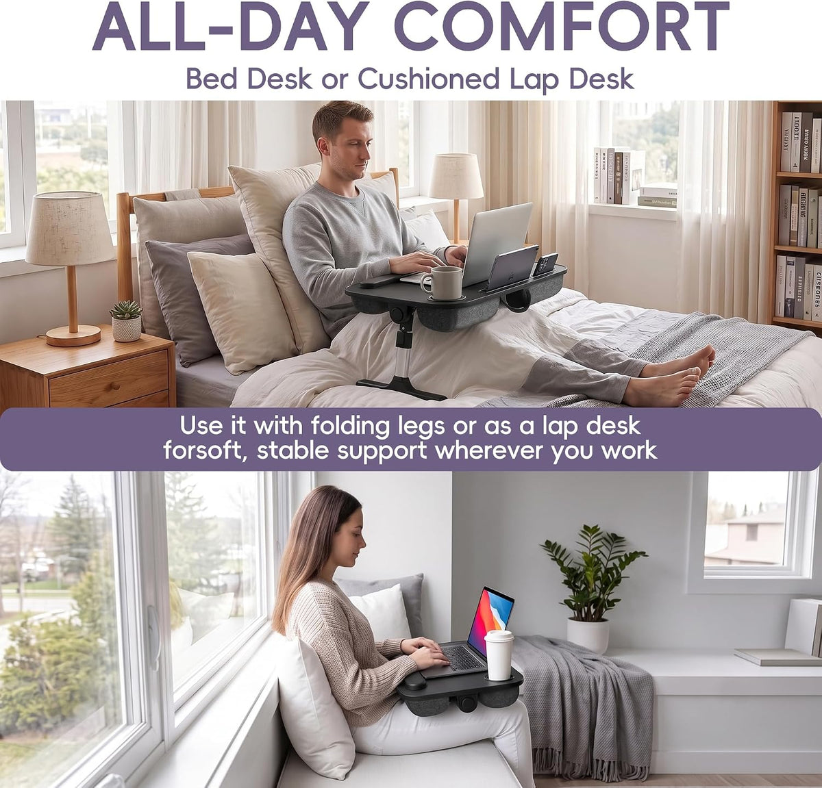 Aothia Foldable Adjustable Lap Desk for Laptop, Bed & Couch, Black