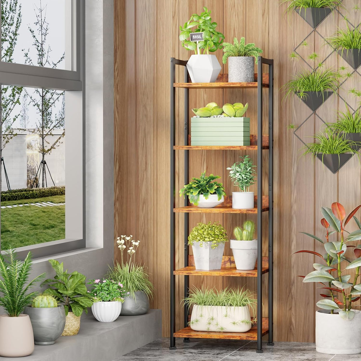 Furologee 5 Tier Bookshelf with Drawer, Tall Narrow Bookcase, Rustic Brown