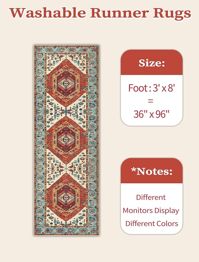 SERISSA Runner Rug for Hallways, 3x8 Washable Non Slip Kitchen Runner Rug