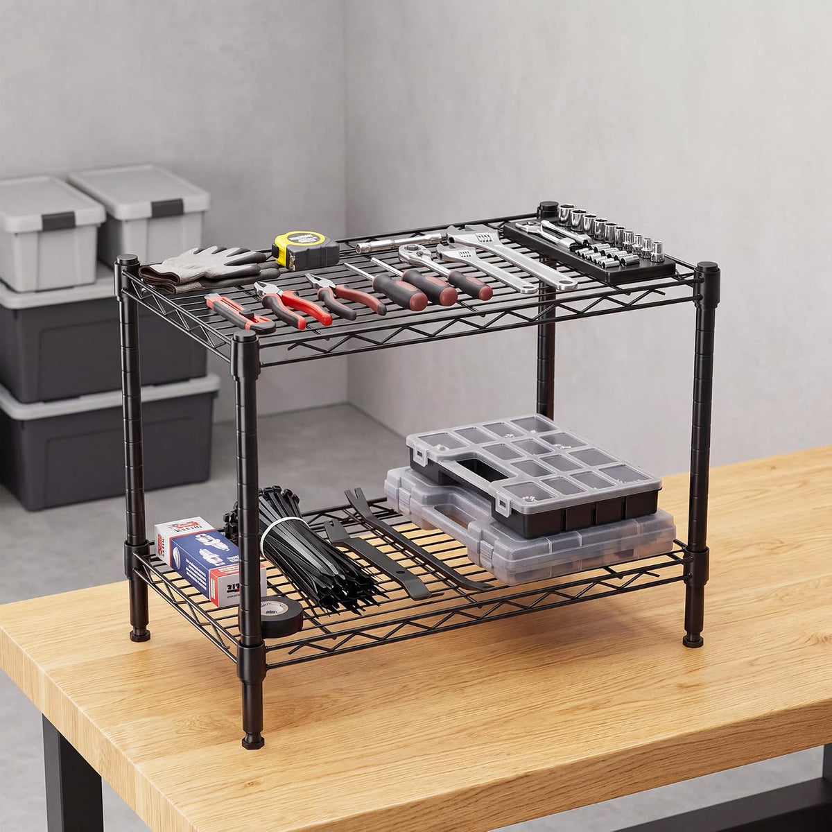 2-Tier Storage Shelf, Heavy Duty Adjustable Organizer Rack, Black