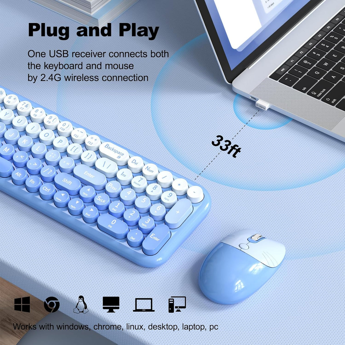MOFII Wireless Keyboard and Mouse Combo, Full Size 2.4G Retro Round Computer Keyboard and Mouse Set, Plug and Play, for Windows, Computer, Desktop, PC, Notebook - (Blue Gradient)
