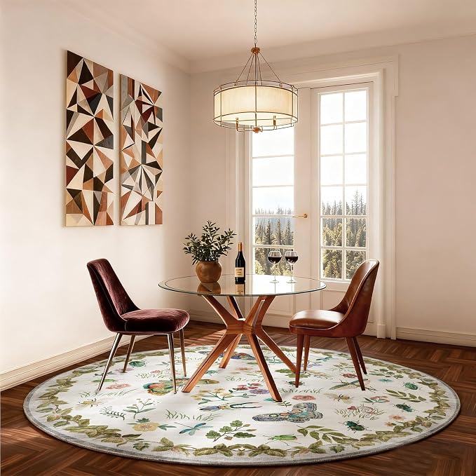 Washable Round Rugs for Bedroom 4ft: Living Room Rug Stain Resistant Non Slip