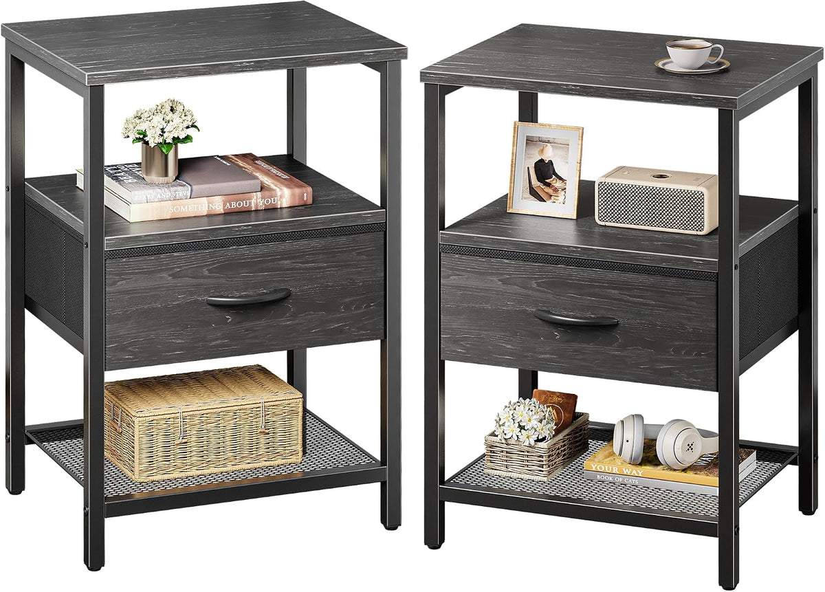 Huuger Nightstand Set of 2, Night Stand with Fabric Drawer, Mesh Shelf