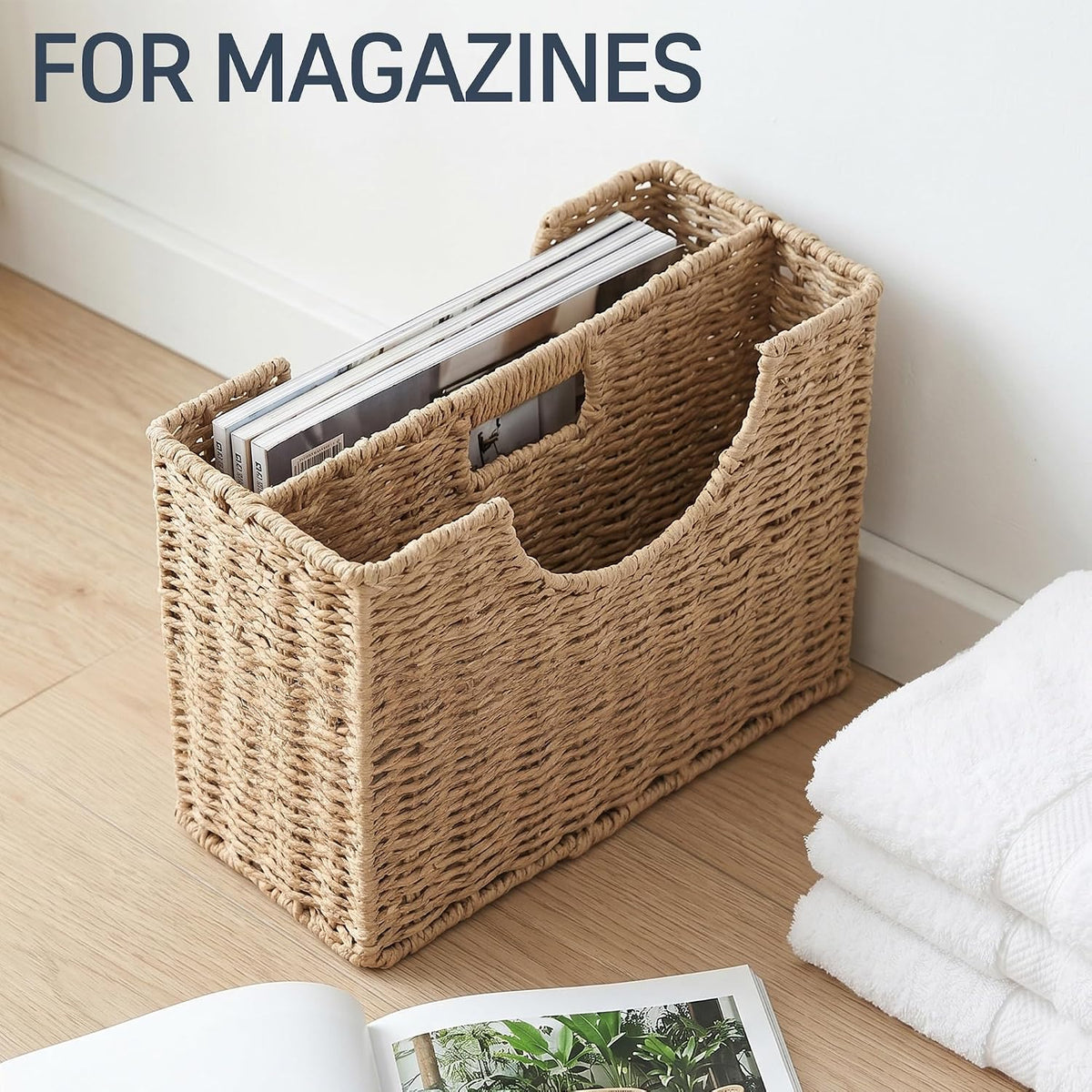 Coeusy Wicker Magazine Basket, Paper Rope Woven Magazine Holder for Files, Books, Documents, Newspapers, Narrow Boho Organizer and Storage Bins with Handle for Office, Living Room, Bathroom (Natural)