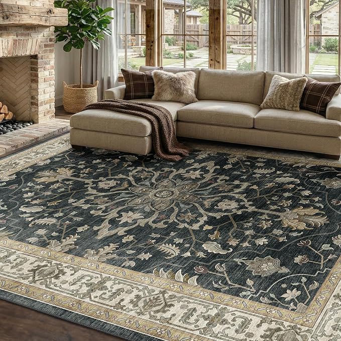 RELEANY Area Rugs 7'x10' Washable Non-Slip, Floral Vintage Distress Medallion