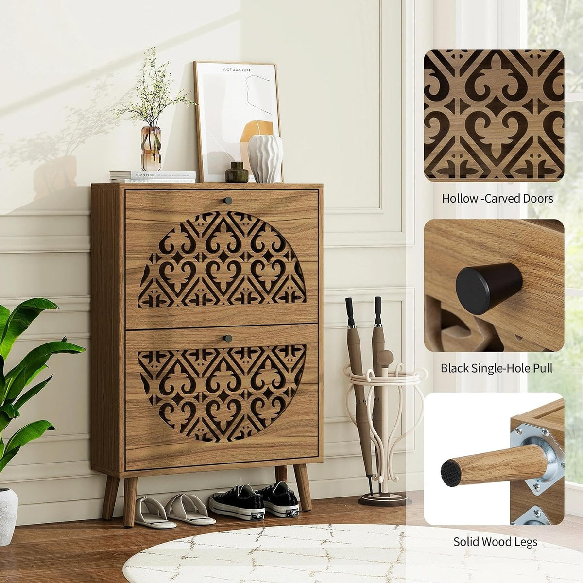 vistavie 6.7" Walnut Ultra-Slim Shoe Cabinet with 2 Flip Drawers,Heart-Shaped Hollow-Carved Entryway Shoe Storage Organizer, Mid-Century Modern Free-Standing Shoe Rack with Solid Wood Legs