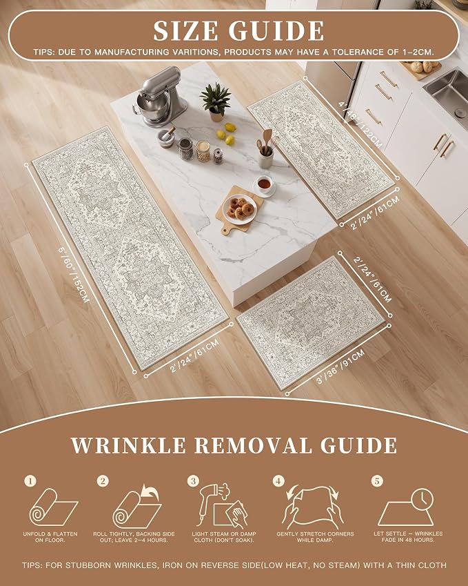 Madane 2-Piece Kitchen Runner Rug Set, Small Area Rug Non-Slip Vintage Door Mat