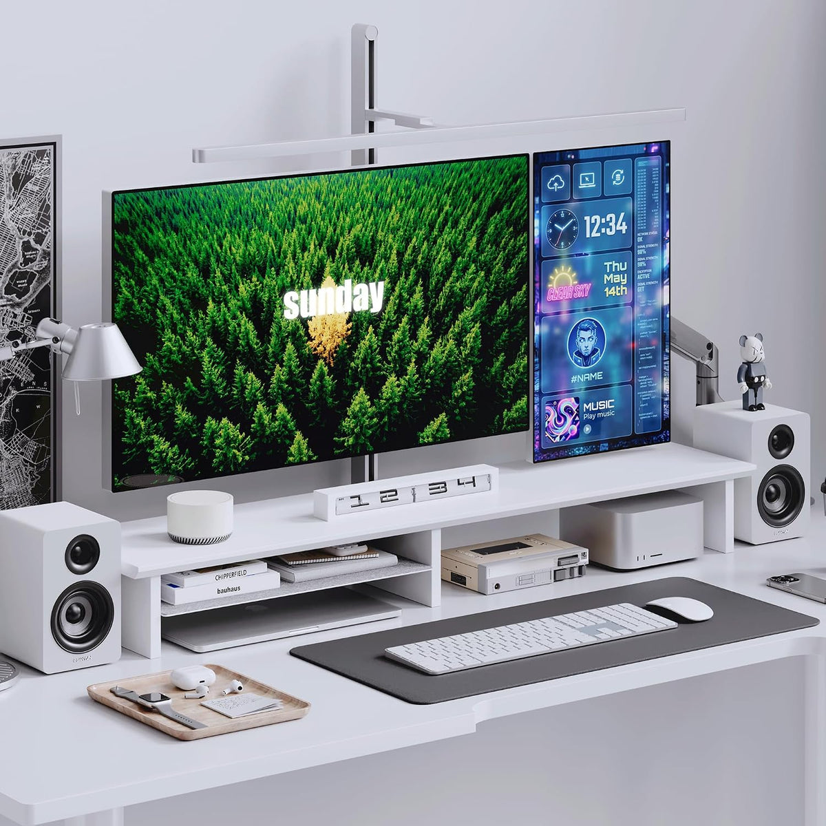 FENSULN Dual‑Tier Monitor Stand for Minimalist Wooden and Metal Riser Shelf Desktop Stands Organizer with Underneath Storage for Dual Monitors, Laptops, Home Office Aesthetic White