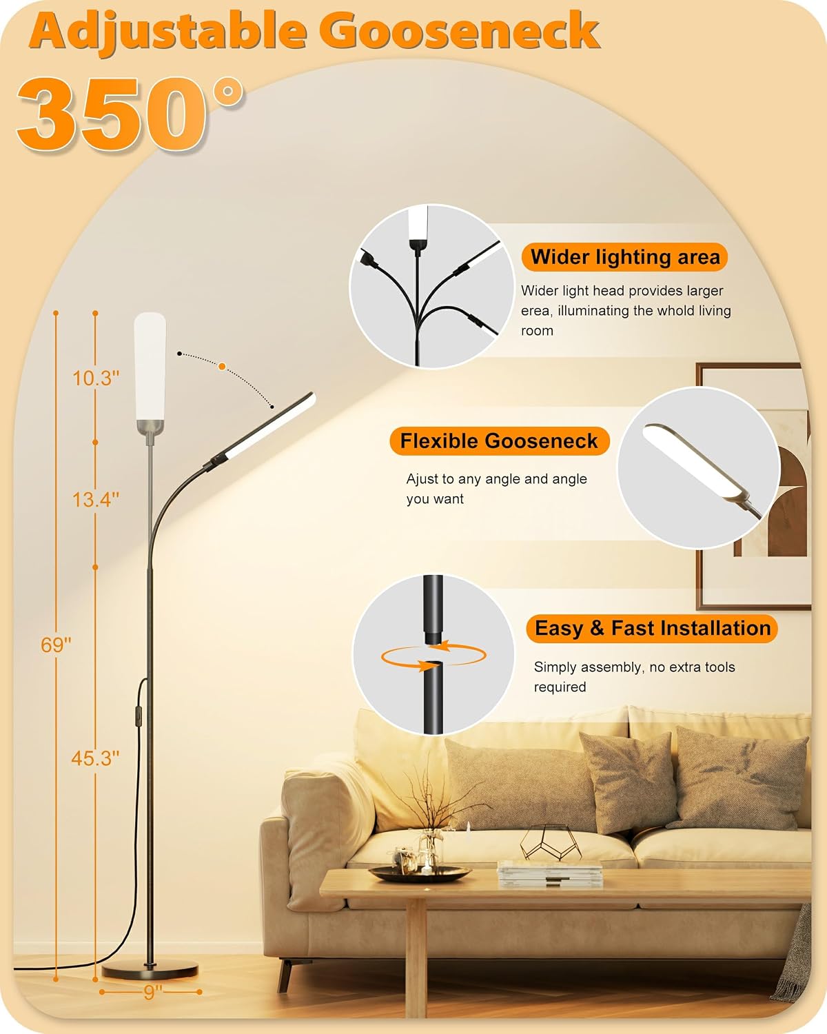 mukuxin LED Floor Lamp, 18W/1800lm Bright Reading Floor Lamp with Remote, Stepless Dimming, 2700K-6500K Color Temperature & Eye-Caring, Gooseneck Modern Standing Light for Living Room Bedroom Office