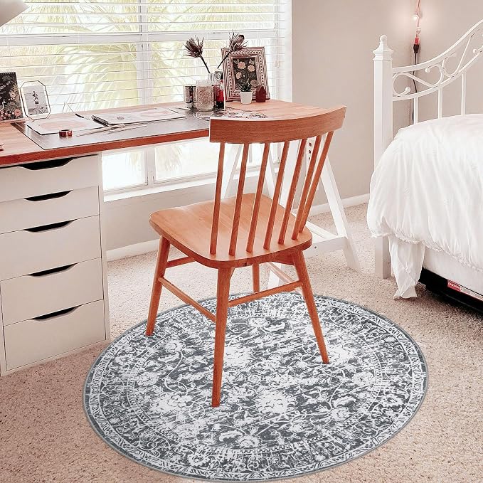KILOCOCO Round Rug 3ft Vintage Floral Small Circle Rug Machine Washable