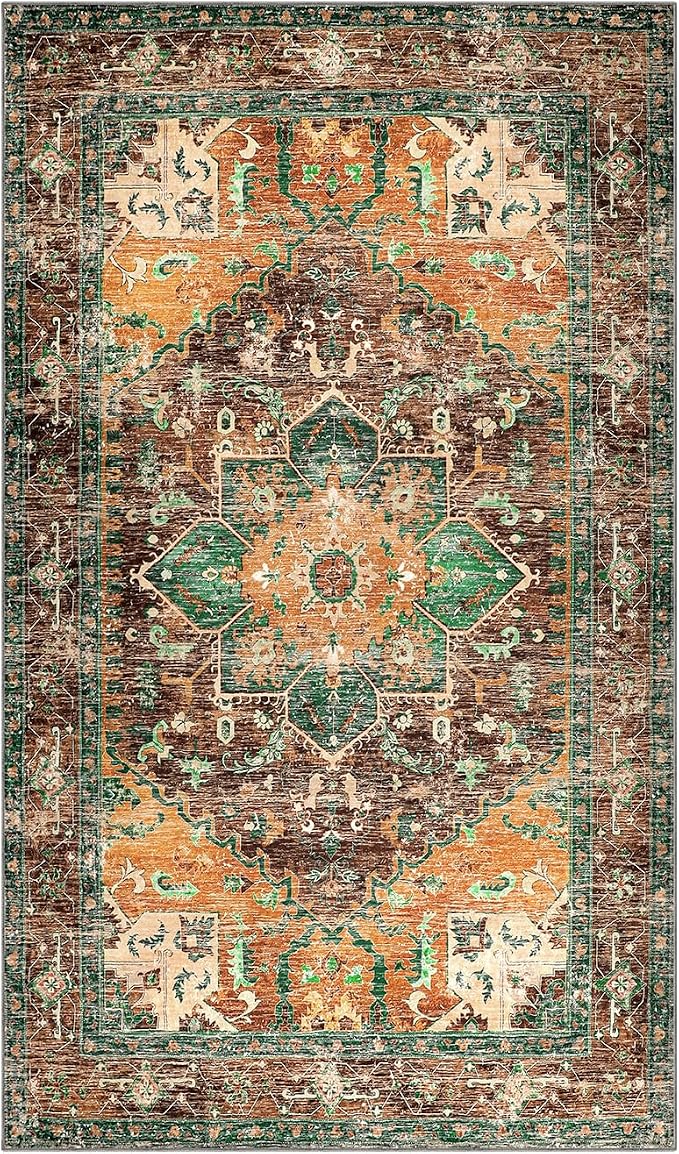 Yamaziot Washable Area Rug, 4x6 Non-Slip Boho Vintage Living Room Bedroom Rug