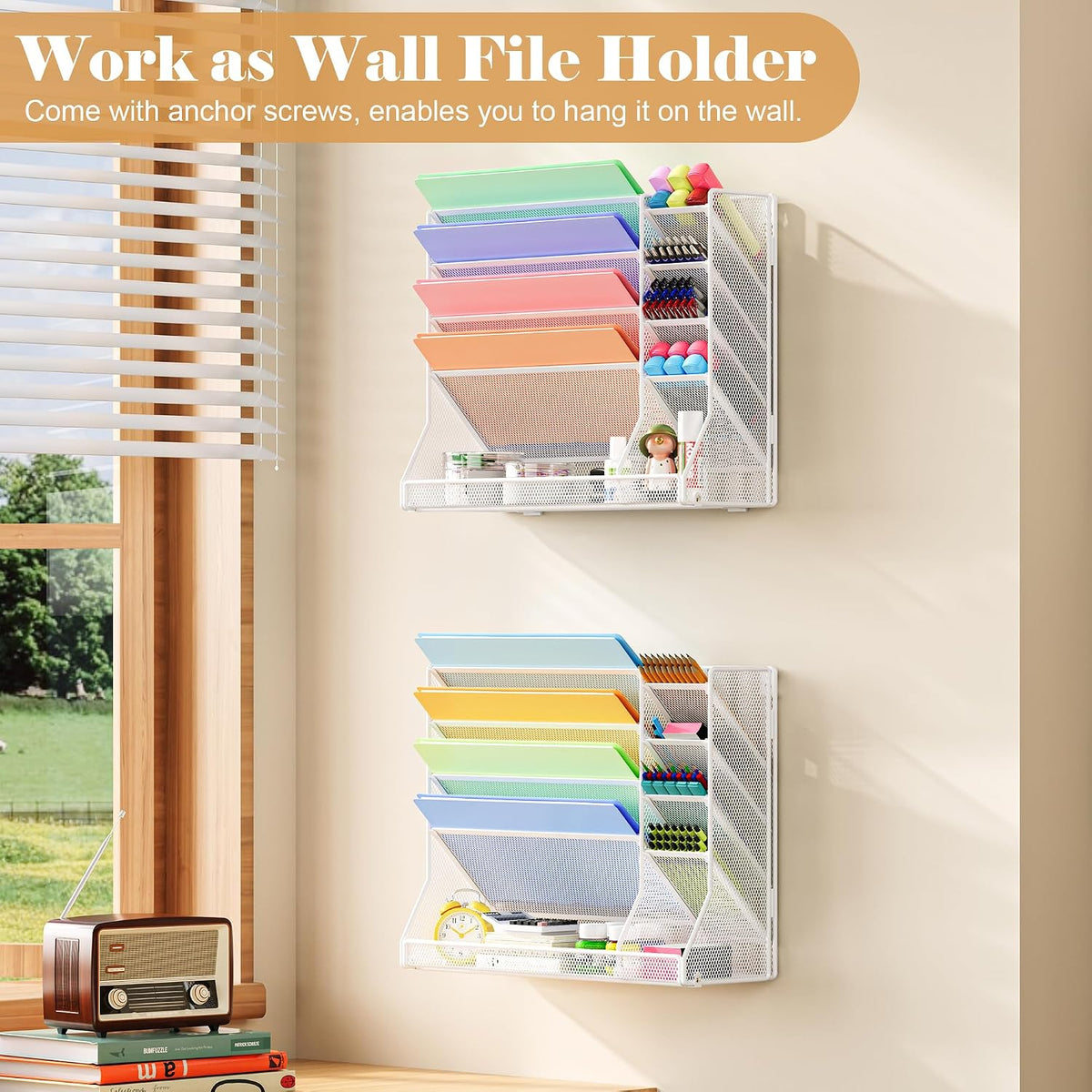 Jakyitvi Adjustable 5 Tiers Wall File Organizer Metal Hanging Holder White