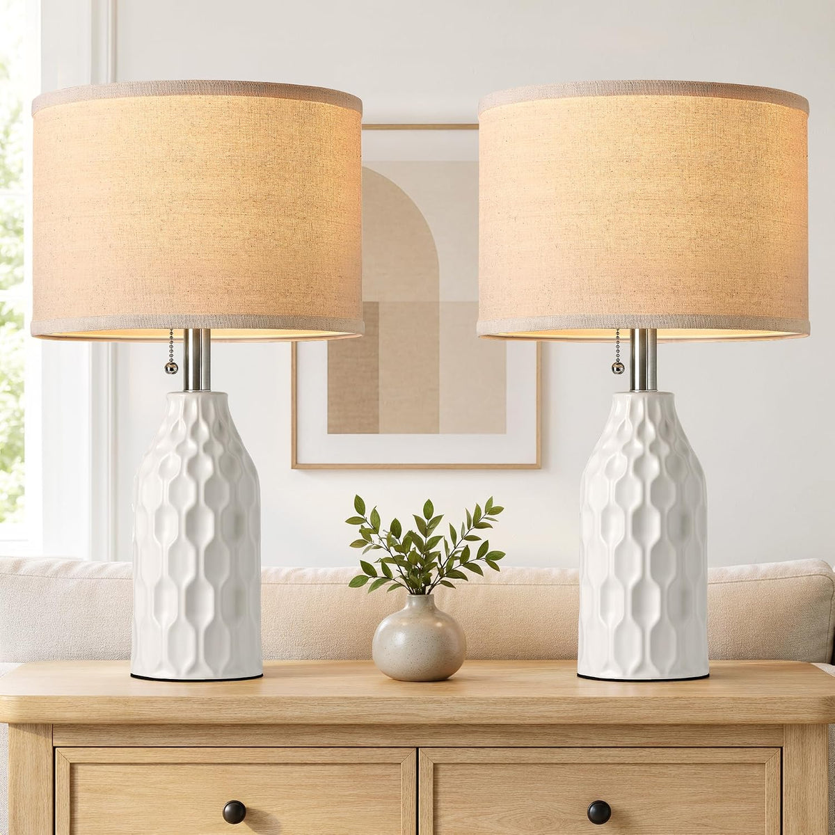 Modern Ceramic Table Lamps Set of 2 for Living Room Bedroom, White