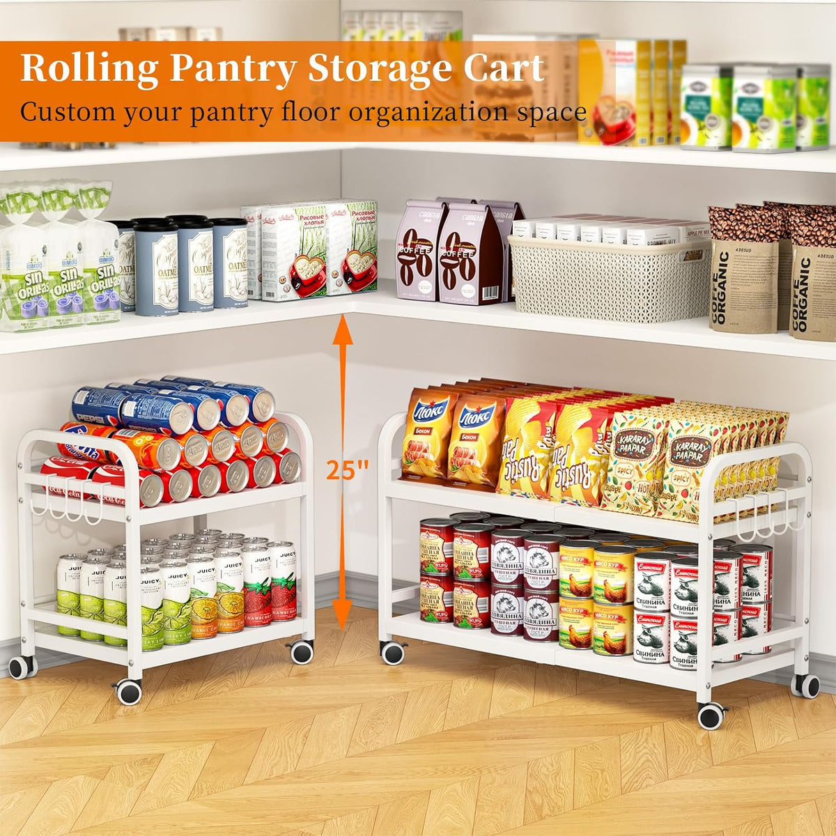 2-Tier Expandable Rolling Cart, Pantry Storage Cart with Wheels, Adjustable Rolling Pantry Floor Organizer