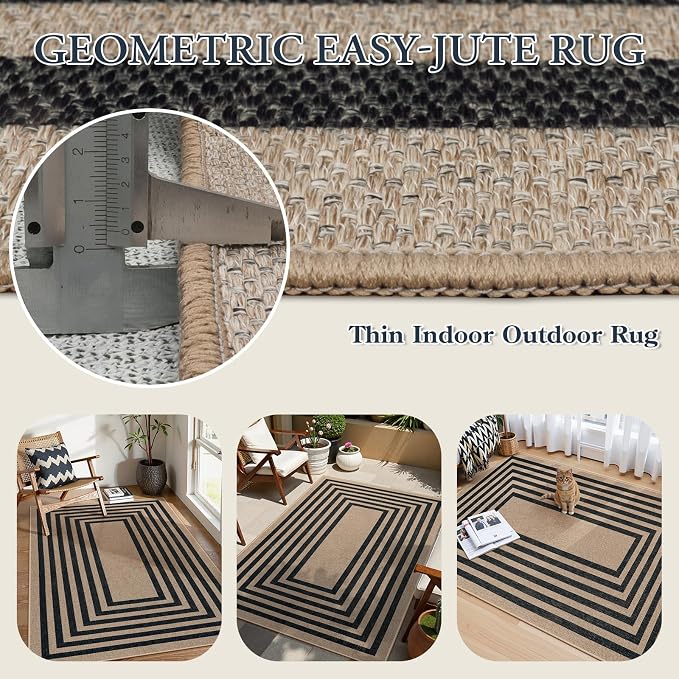 Lahome Enfys Modern Geometric Easy Jute Entryway Rug, 4x6 Black Washable Carpet