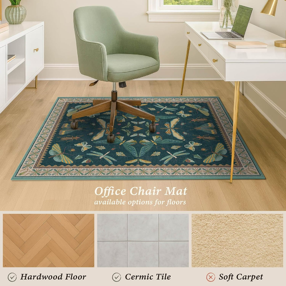 JTJ Teal Office Chair Mat for Hardwood Floor, 36" x 48" Insect Rug
