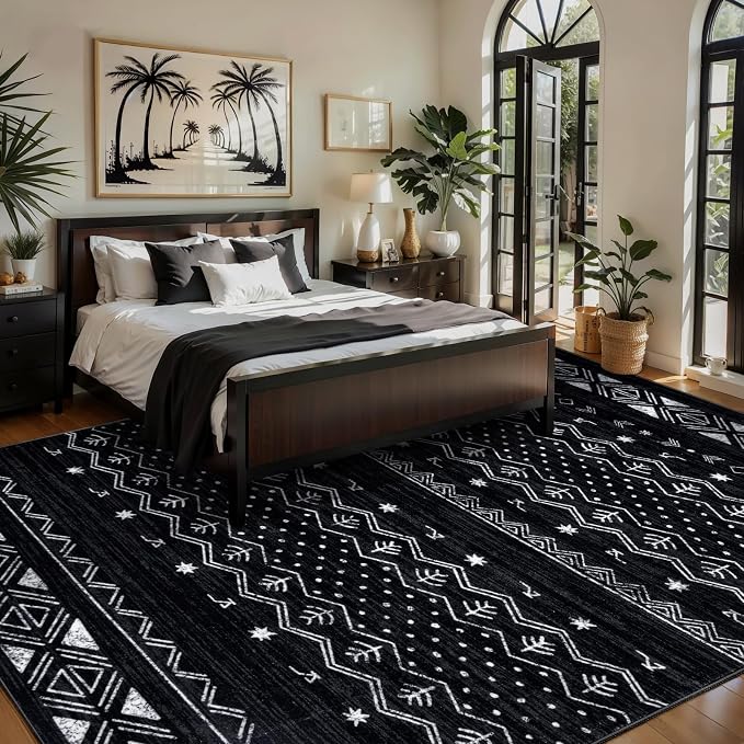 SERISSA 5x7 Area Rugs for Living Room, Washable Non-Slip Black and White Boho