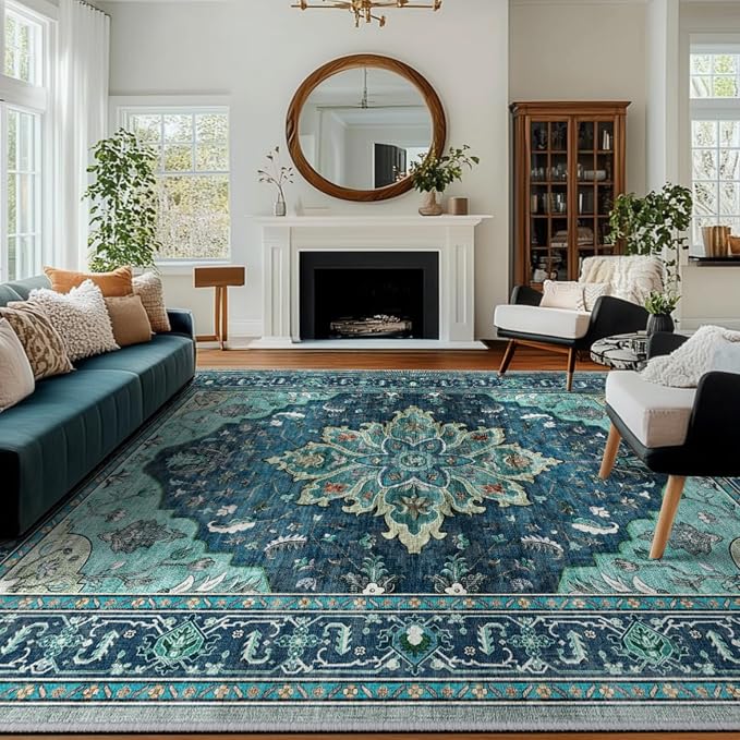 RELEANY Area Rugs 8'x10' Washable Non-Slip, Floral Vintage Distress Medallion