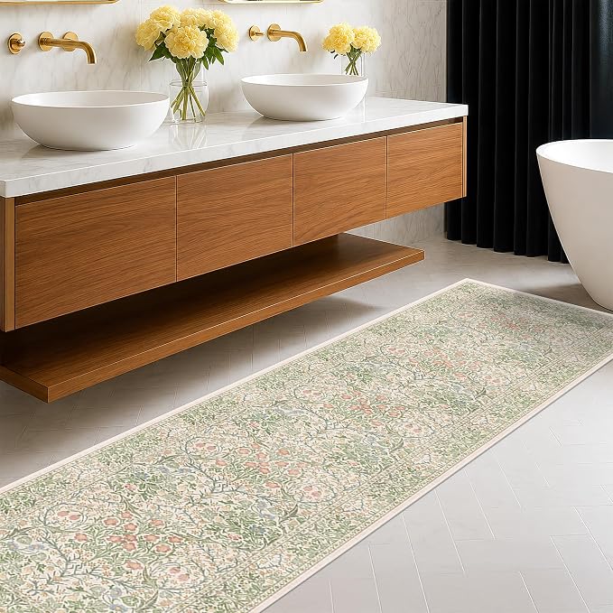 Beige Green 2x8 Rug Runners for Bathroom, Washable Long Floor Runner for Kitchen