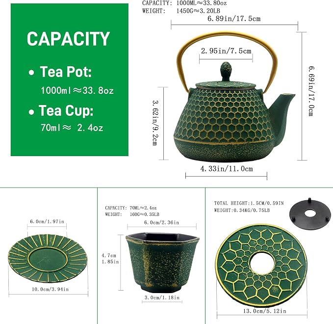 YJX Cast Iron Teapot and Tea Cups Set, 33.8oz Hexagon Pattern Tea Set