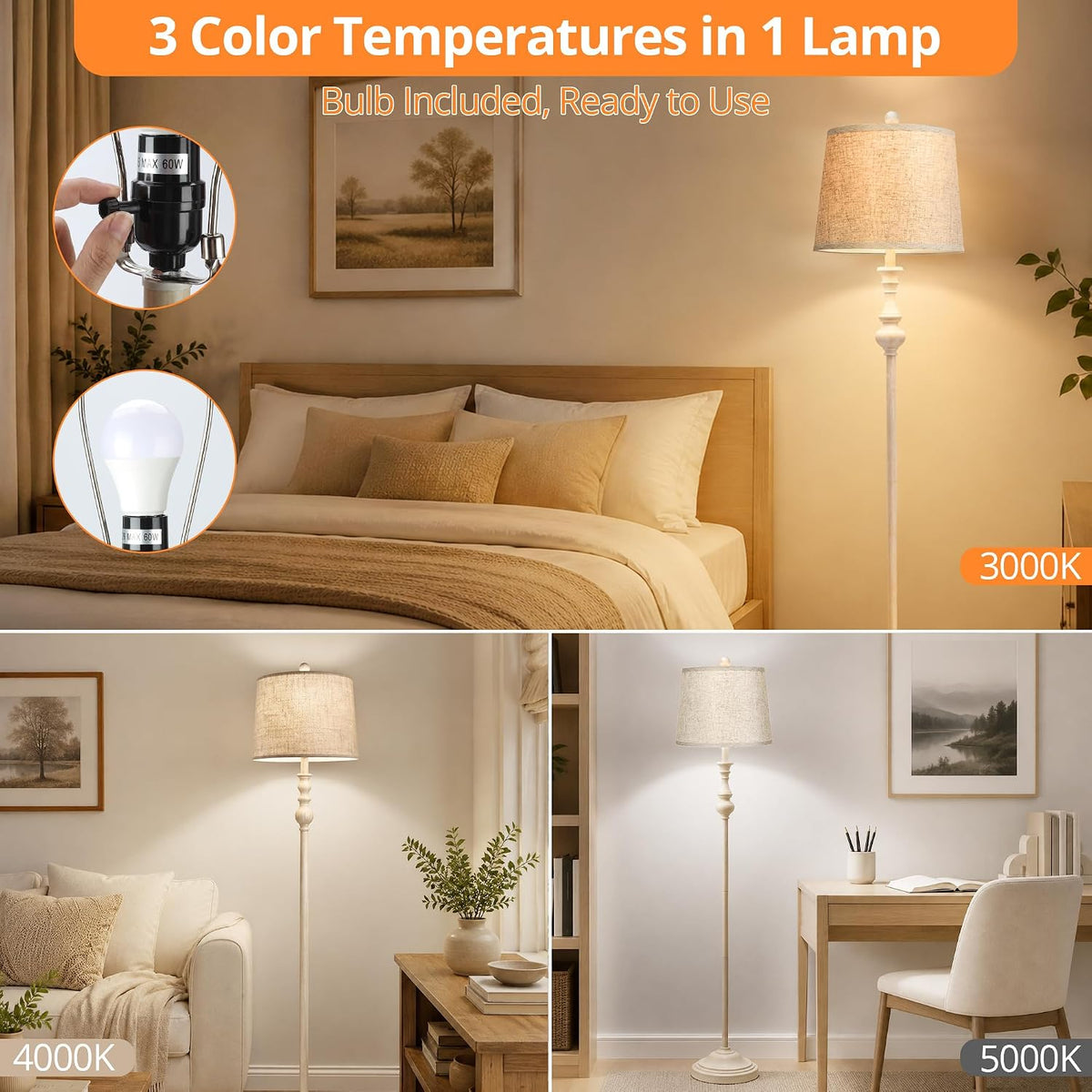 Coucrek Farmhouse Floor Lamp, 62" Tall Rustic White Lamp for Living Room