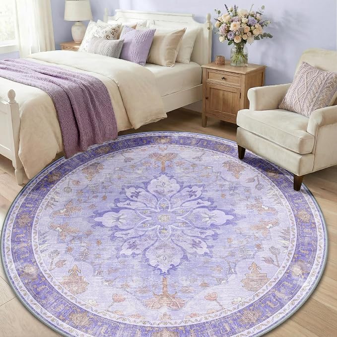 RELEANY Area Rugs Round 6ft Washable Non-Slip, Floral Vintage Distress
