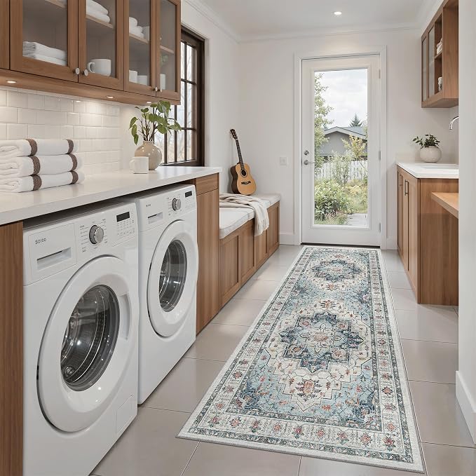 Madane Blue Runner Rug, Stain Resistant, Machine-Made, Microfiber, Living Room
