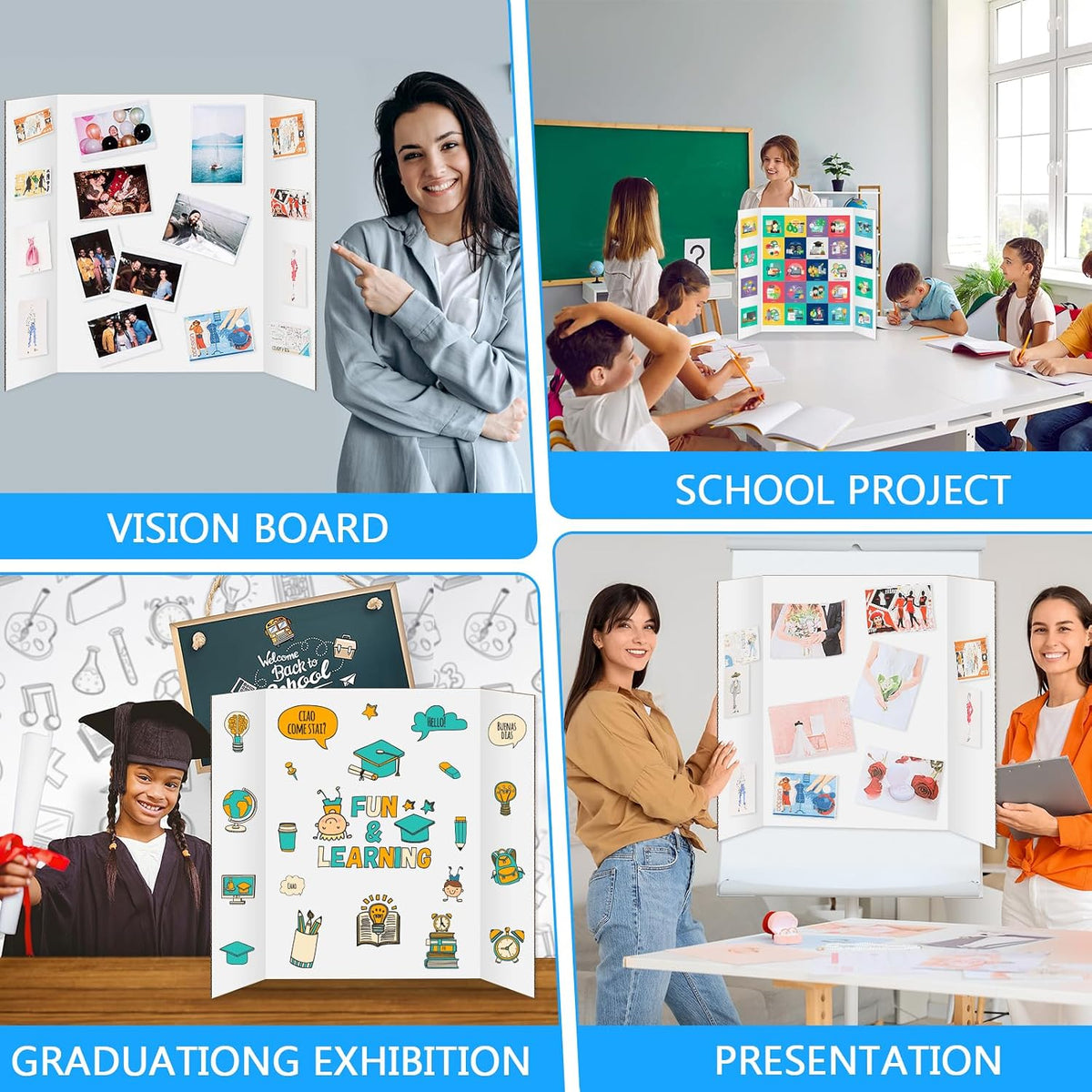 IKAYAS 6 Pack Trifold Poster Board 24" X 36" White Science Display Board