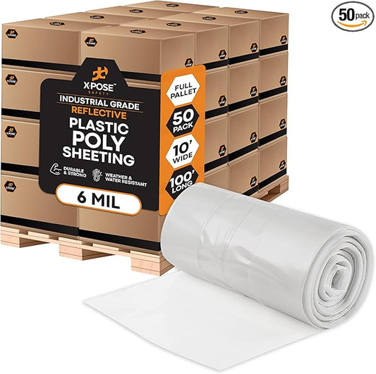 Xpose Safety Clear Plastic Sheeting (Bulk Full Pallet 50 Pack) – 10' x 100' Rolls – Heavy Duty 6 Mil Poly Sheet – Waterproof, Dustproof, Vapor Barrier – for Construction, Painting, Industrial Use