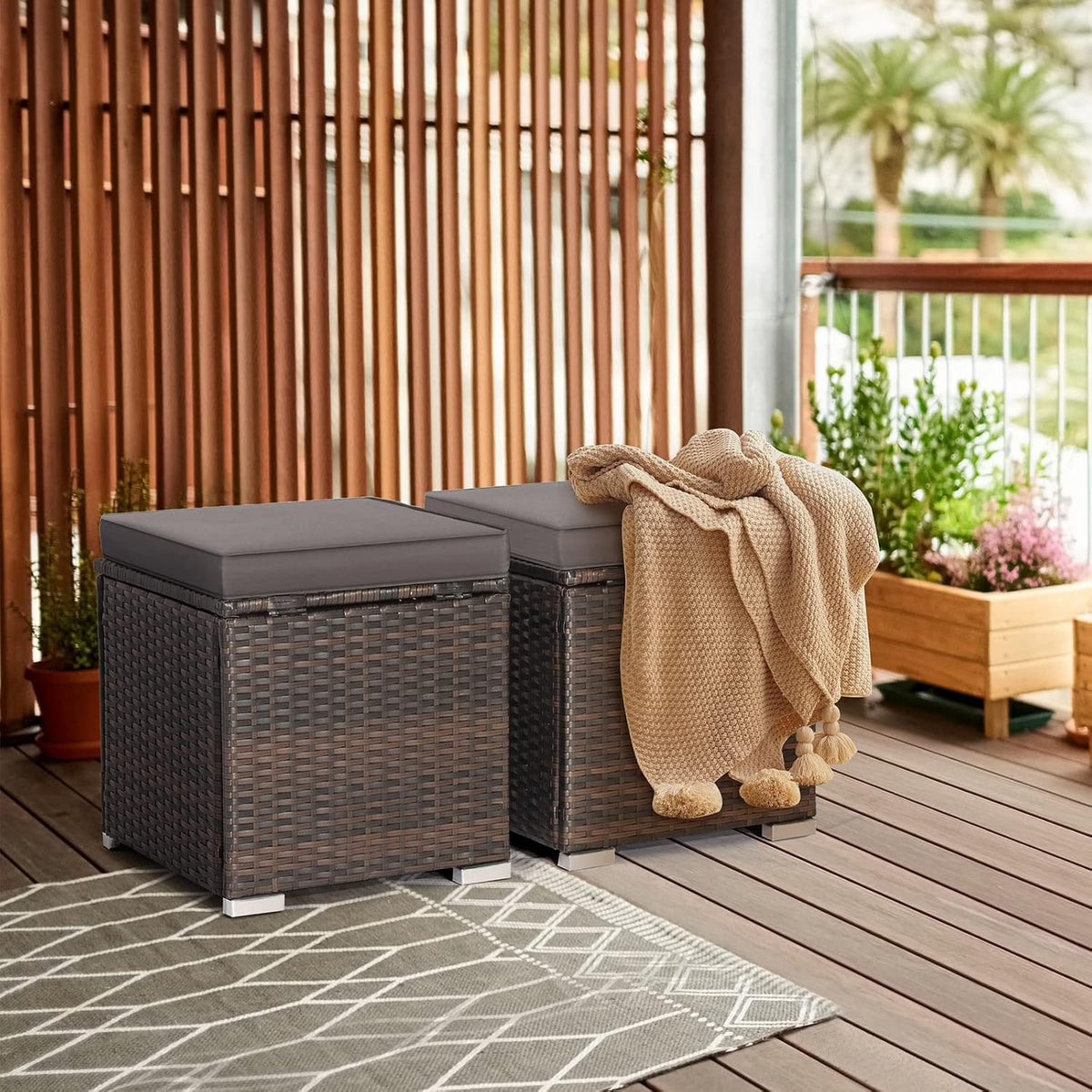 RELAX4LIFE Wicker Outdoor Storage Ottoman, 2-Piece Rattan Footstool w/Removable Cushion, Multipurpose Footrest Stool Side Table Additional Seating, Set of 2 Outdoor Ottomans for Patio Deck (Grey)