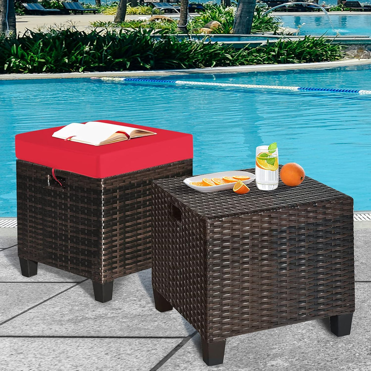 ORALNER Set of 2 Outdoor Ottoman, 16" Wicker Footstools, All-Weather Rattan Cube Foot Stool w/Removable Cushions, Square Footrest Extra Seating for Patio, Porch, Deck, Easy Assembly (Red)