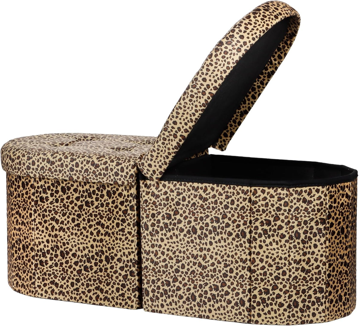 AmasSmile Oval Ottoman Storage Bench,34" Leather Folding Chest,Leopard