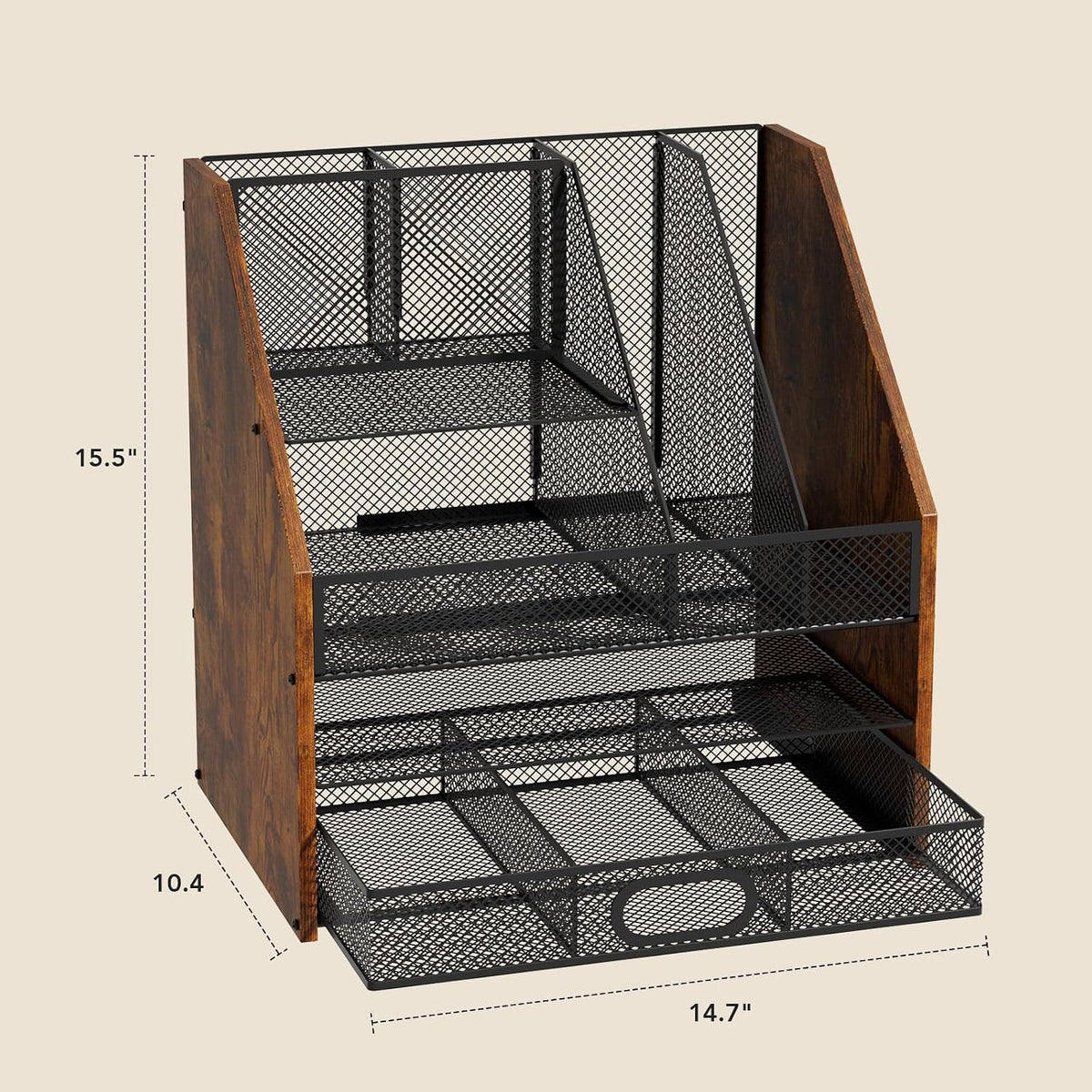 Homsorout Wooden Desk Organizer - Mesh File Organizer with Drawers and Pen Holder - 4-Tier Vertical Paper Letter Storage Tray, Desktop Organizers and Accessories for Home Office