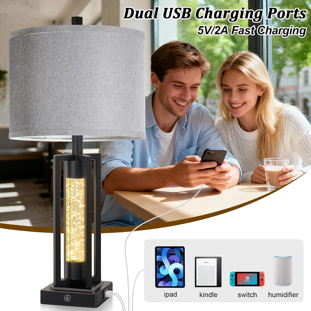 TOBUSA 26" Black Farmhouse Table Lamps Set of 2 with Crystal Night Light