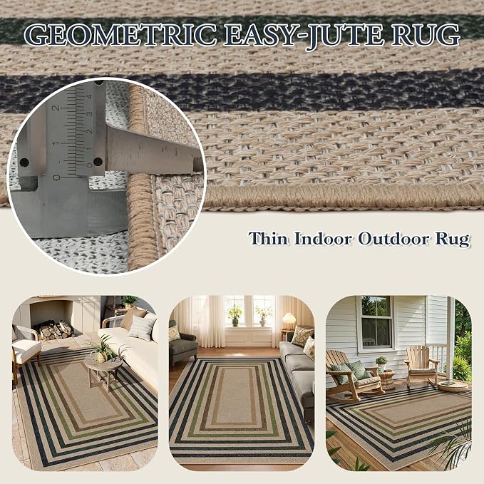 Lahome Enfys Modern Geometric Easy Jute Rug, Washable 5x7 Indoor Outdoor Rugs