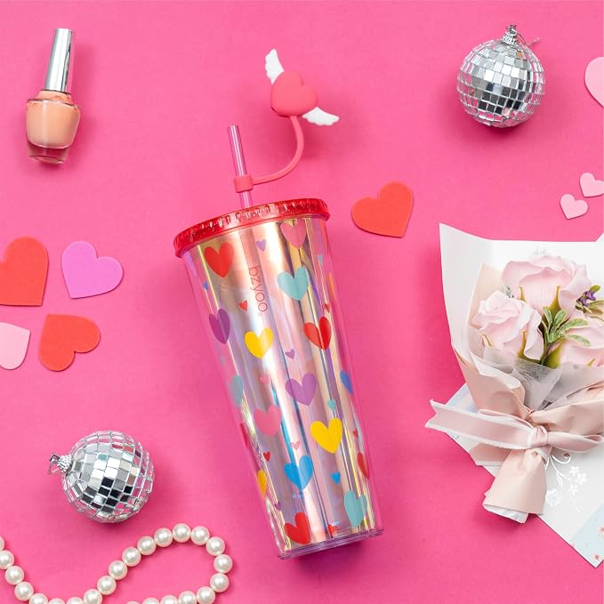 bzyoo 24 oz SIP Tumbler with Heart-Shaped w/Wing Straw Cap Cover – Cute Heart