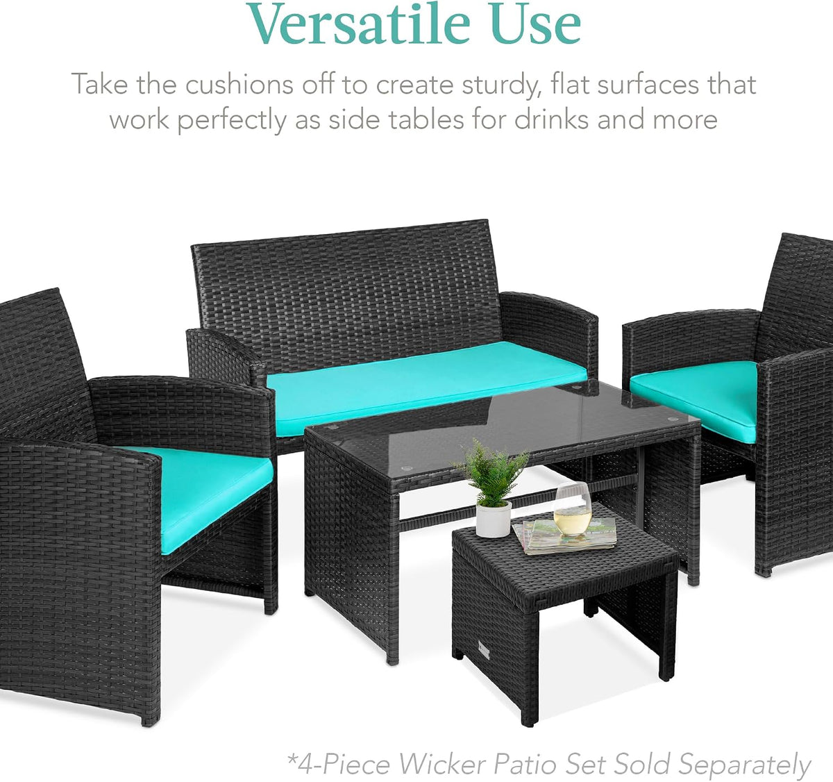 Best Choice Products Set of 2 Wicker Ottomans, Multipurpose Outdoor Furniture for Patio, Backyard, Additional Seating, Footrest, Side Table w/Removable Cushions, Steel Frame - Black/Teal