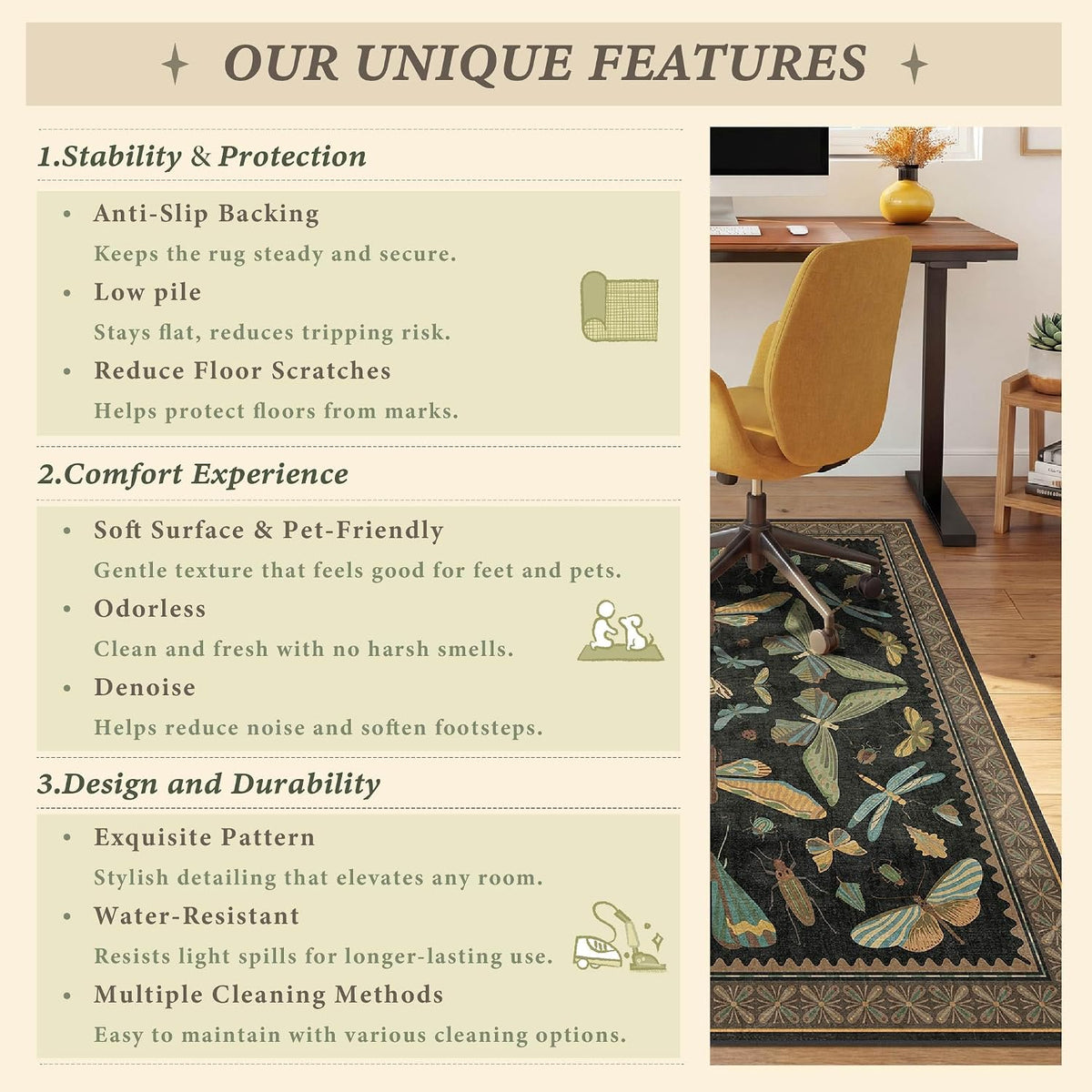 JTJ Teal Office Chair Mat for Hardwood Floor, 36" x 48" Insect Rug