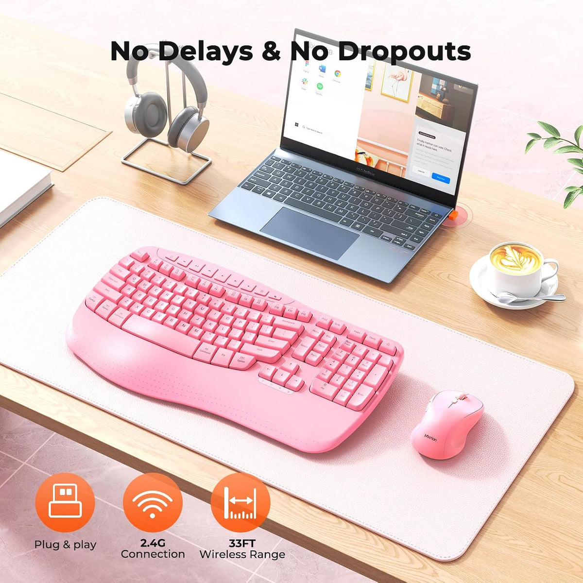 MEETION Wave Ergonomic Keyboard and Mouse Combo with Wrist Rest, Pink