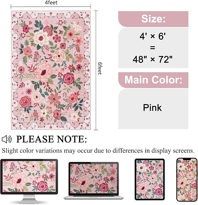 DUKINO 4x6 Area Rug, Floral Rugs