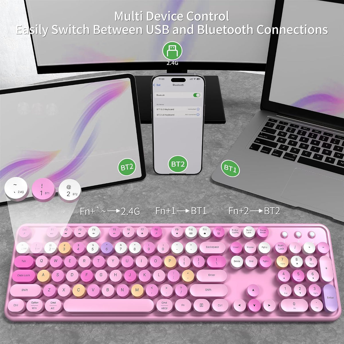 Cute Colorful Wireless Bluetooth Keyboard, Pink Colorful