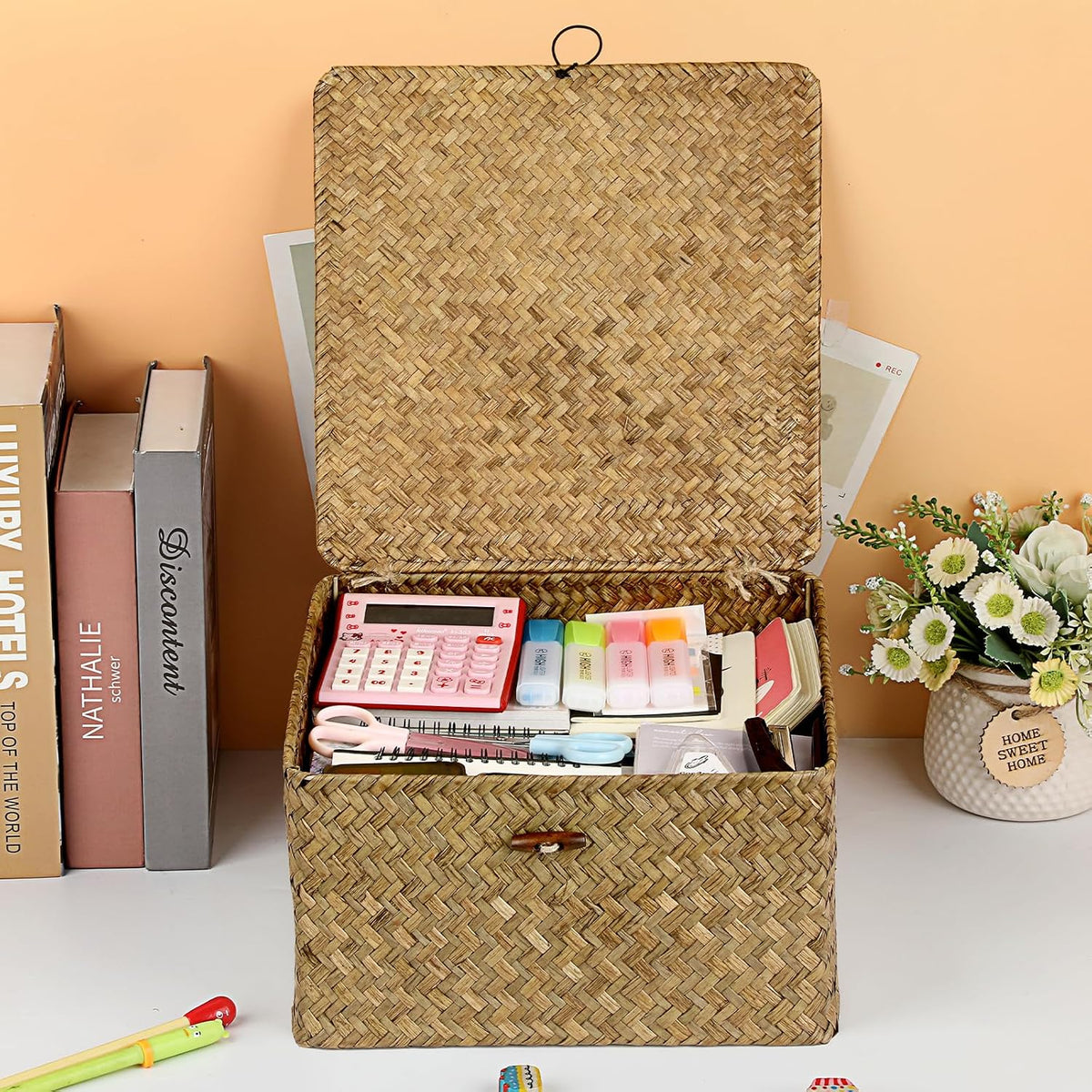 Hipiwe Seagrass Wicker Storage Basket Bin Boxes with Lid, Coffee, X-Large