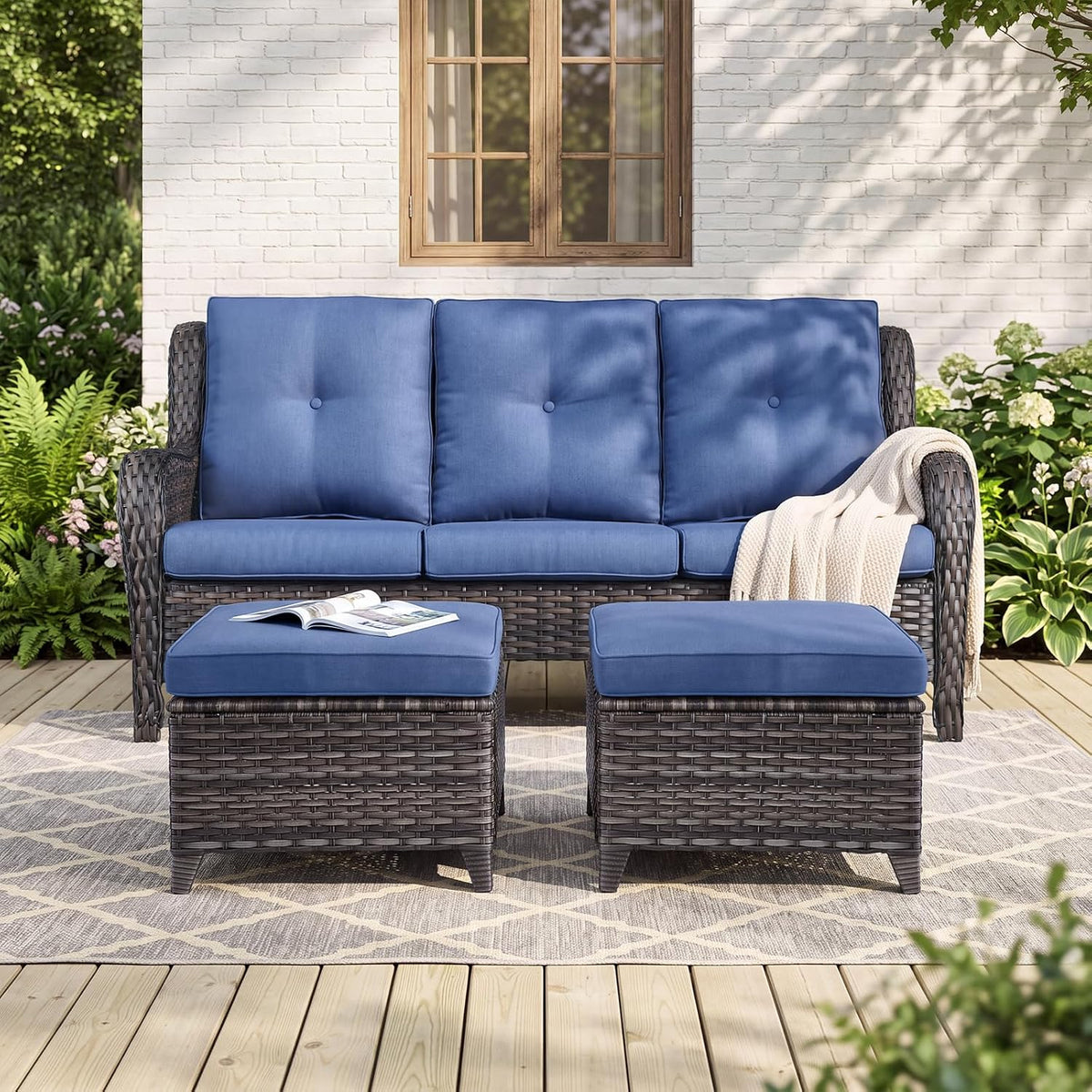 Rilyson Luxury Outdoor Wicker Patio Ottomans Set of 2, 250 lbs Capacity Rattan Large Ottomans for Patio Footrest Set 22.8in*22.8in*14in with 3.5in Thick Cushion (Brown/Blue)