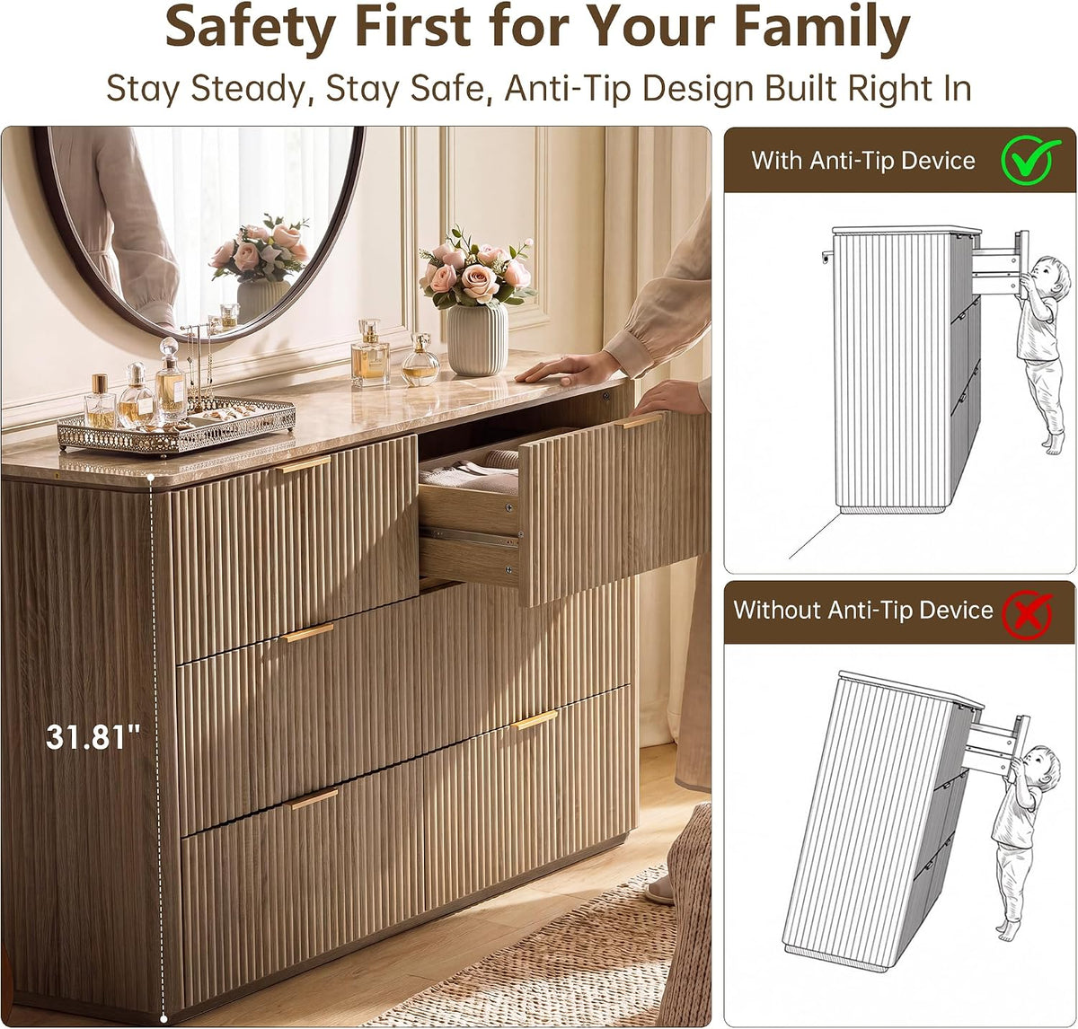 54"W Fluted 6 Drawer Bedroom Dresser, with Faux Marble Top,Natural Oak