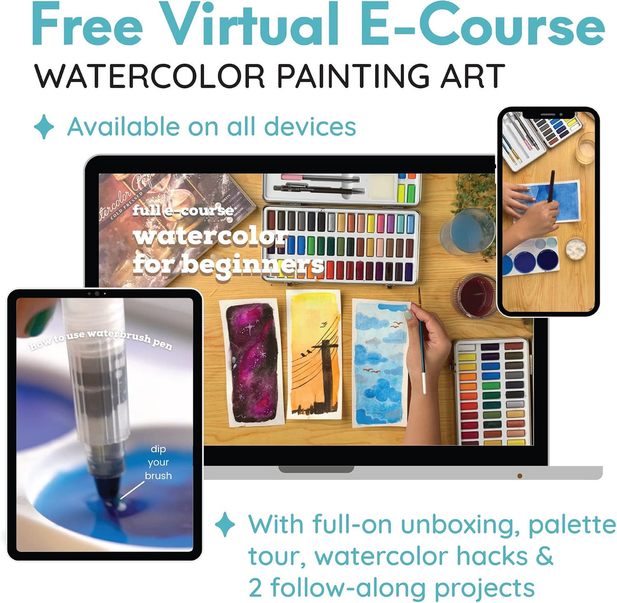 MozArt Supplies - Watercolor paint set 51 Vibrant Colors + accessories - For beginners & professionals