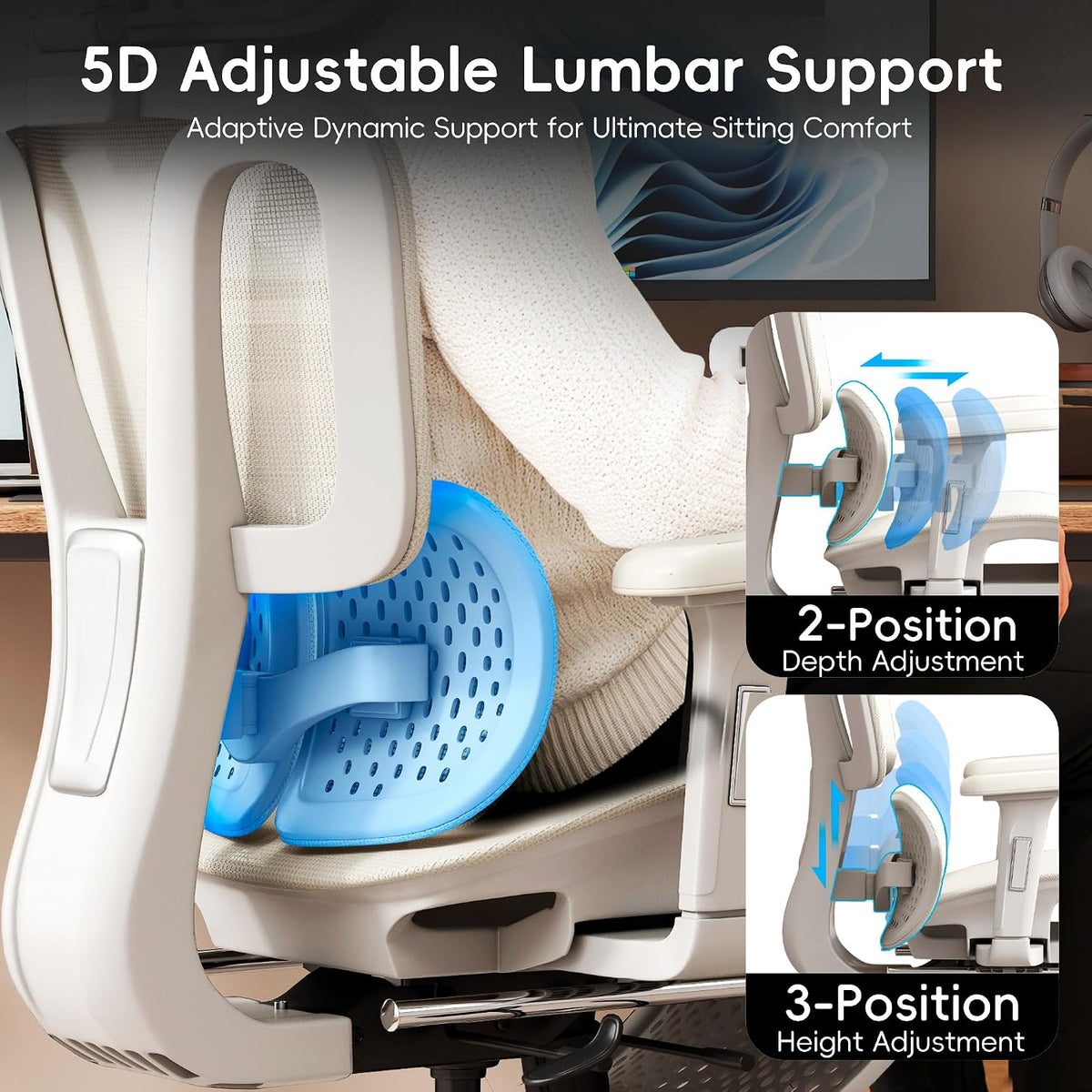 Vonesse Ergonomic Office Chair with Footrest, Desk Chairs with Dynamic Lumbar Support & Adjustable Depth Breathable Mesh Seat, Computer Gaming Chair with Adjustable 3D Headrest and Armrests (White)