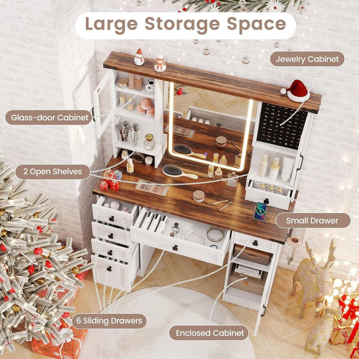 CHARMAID Farmhouse Vanity Desk with Lighted Mirror & 7 Drawers, 45 inch Makeup Vanity Table with Charging Station, Jewelry Organizer, Storage Cabinets & Shelves, White Dressing Table for Bedroom