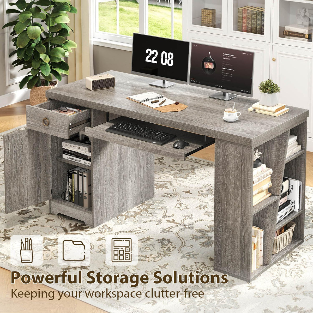 HSH 55" Office Desk with Keyboard Tray, Modern Computer Desk with Storage